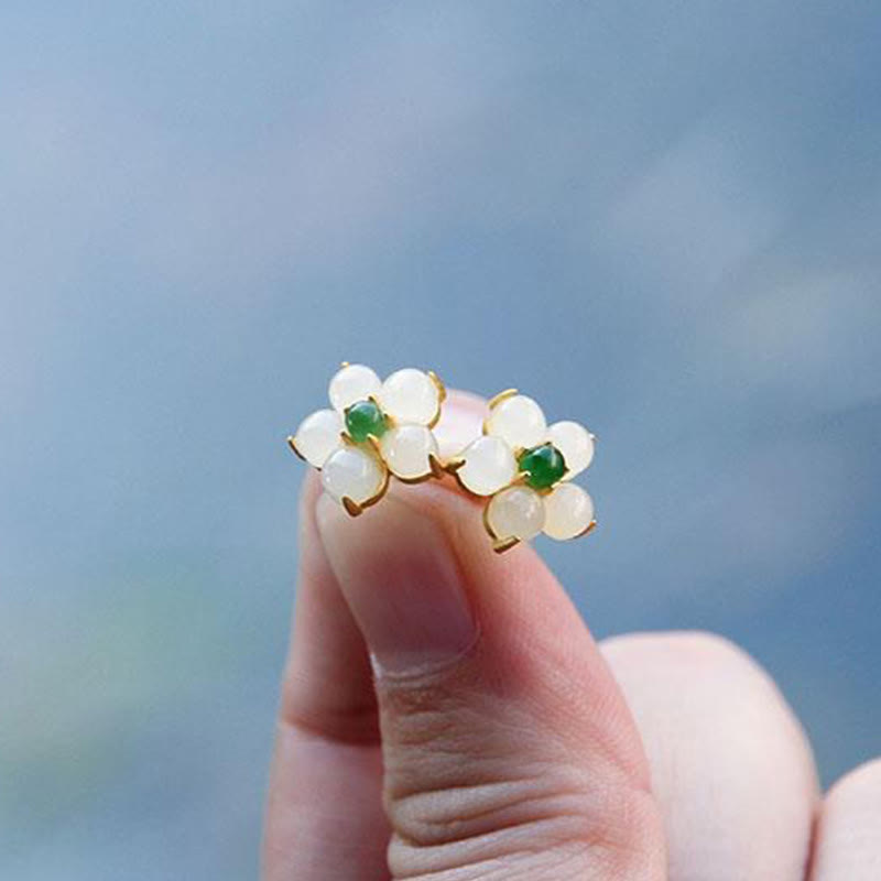 Mythstone White Jade Flower Luck Blessing Stud Earrings