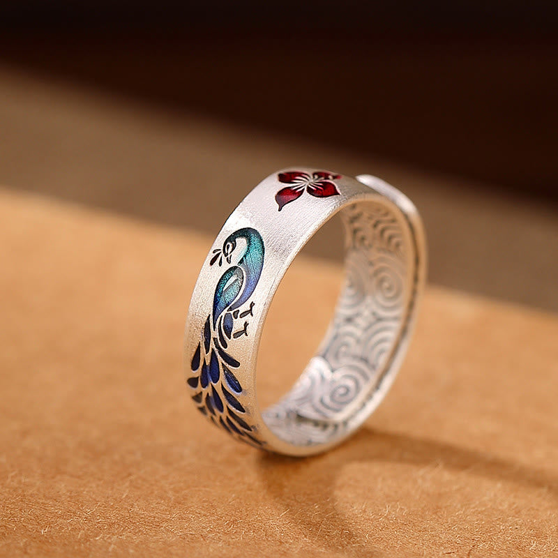 Mythstone 999 Sterling Silver Peacock Auspicious Clouds Engraved Lotus Flower Fortune Ring