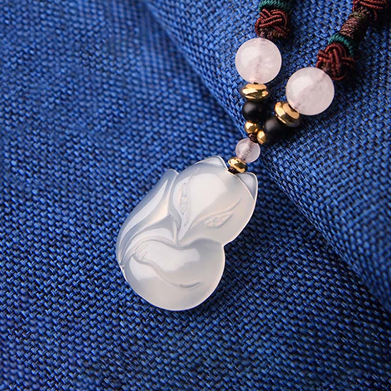 Mythstone Chalcedony Fox Pink Crystal Bead Harmony String Necklace Pendant