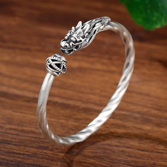 Mythstone 999 Sterling Silver Year of the Dragon Luck Strength Metal Cuff Bracelet Bangle