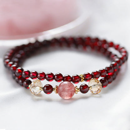 Mythstone 14K Gold Plated Natural Garnet Strawberry Quartz Stability Double Wrap Bracelet