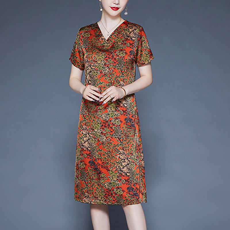 Mythstone V-Neck Tree Leaves Short Sleeve Midi Dress With Pockets