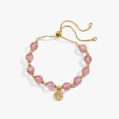 Mythstone 14K Gold Plated Natural Strawberry Quartz Fu Character Positive Charm Bracelet