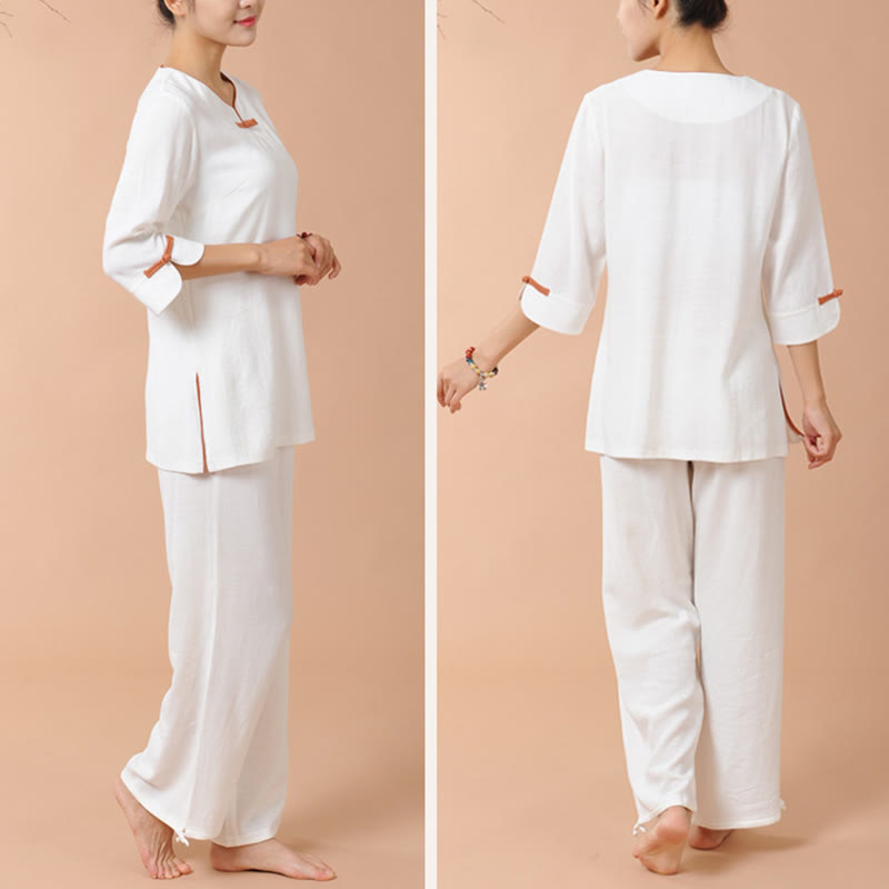 Mythstone 2Pcs Frog-Button Three Quarter Sleeve Shirt Top Pants Meditation Zen Tai Chi Linen Clothing Women's Set