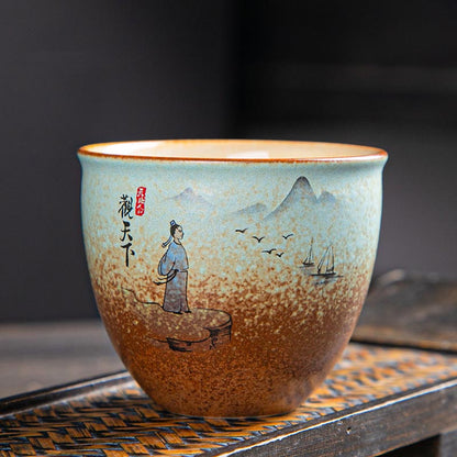 Mythstone Colorful Deer Pipa Snow Plum Blossoms Mountains Rivers Bird Ceramic Teacup Kung Fu Tea Cup Bowl