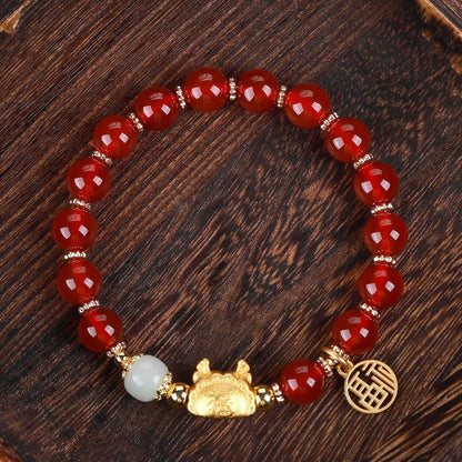 MythStone Year Of The Dragon Red Agate Gray Agate Dumpling Luck Fu Character Bracelet