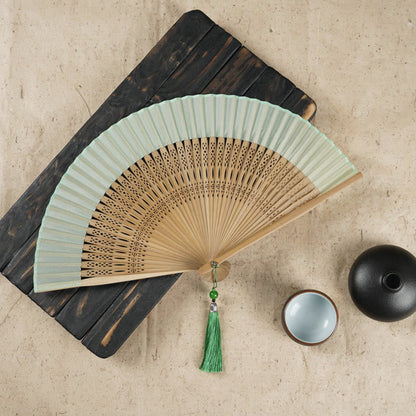 Mythstone Simple Cherry Flower Hollow Engraved Handheld Bamboo Folding Fan