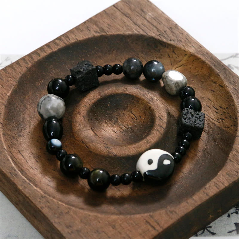 Mythstone Black Onyx Picasso Jasper Bead Yin Yang Fortune Protection Bracelet