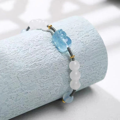 Mythstone Natural Aquamarine PiXiu Hetian White Jade Healing Bracelet