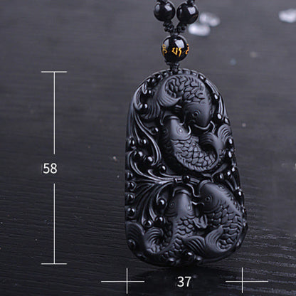 Mythstone Black Obsidian Koi Fish Engraved Strength Beaded Necklace Pendant