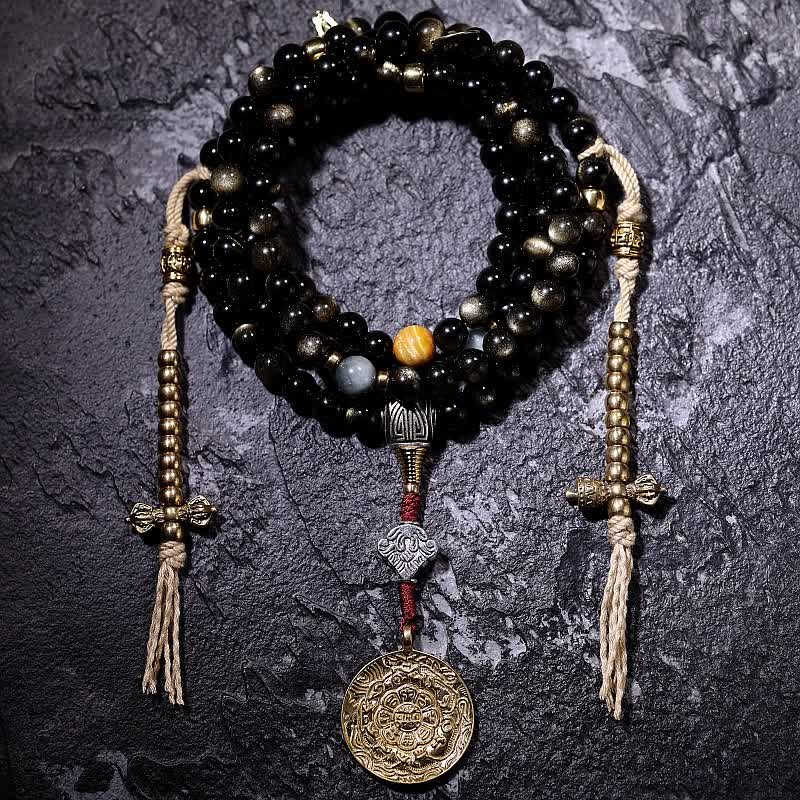 Mythstone 108 Mala Beads Gold Sheen Obsidian Tiger Eye Eagle's Eye Stone Wealth Bracelet