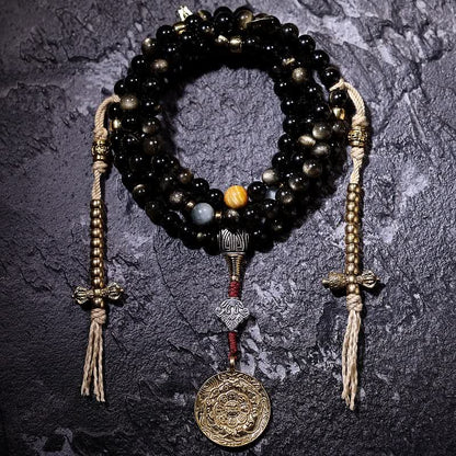 Mythstone 108 Mala Beads Gold Sheen Obsidian Tiger Eye Eagle's Eye Stone Wealth Bracelet