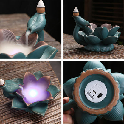 Mythstone Lotus Flower Leaf Frog Butterfly Pattern Healing Ceramic Incense Burner Decoration