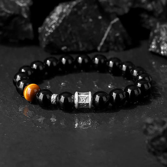 Mythstone 999 Sterling Silver Black Obsidian Tiger Eye Om Mani Padme Hum Fulfillment Bracelet