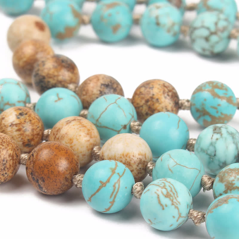 Mythstone 108 Mala Beads Turquoise Picture Jasper Wisdom Tassel Bracelet