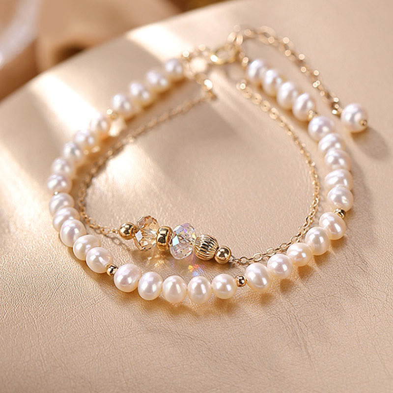 Mythstone 925 Sterling Silver 14K Gold Plated Natural Pearl Crystal Healing Double Layer Bracelet