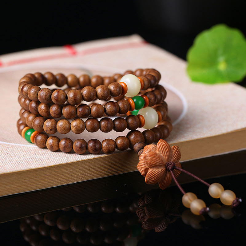 Mythstone 108 Mala Beads Peach Wood Bodhi Seed Lotus Prayer Meditation Bracelet