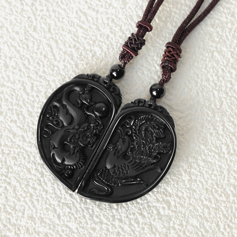 Mythstone Black Obsidian Love Dragon Phoenix Protection Necklace Pendant