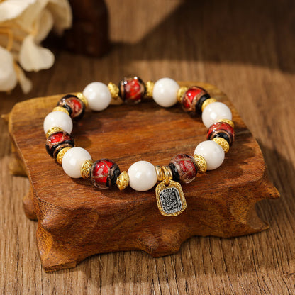 Mythstone Tibetan Zakiram Goddess of Wealth Charm Liuli Glass Incense Ash Porcelain Bead Protection Bracelet