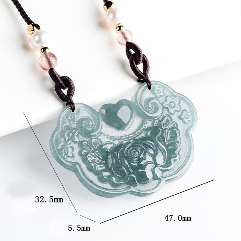 Colgante de collar con candado de buenos deseos y prosperidad con flor de peonía de jade natural Mythstone