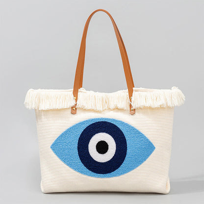 Mythstone Large Capacity Evil Eye Leaf Hamsa Tassel Canvas Tote Shoulder Bag