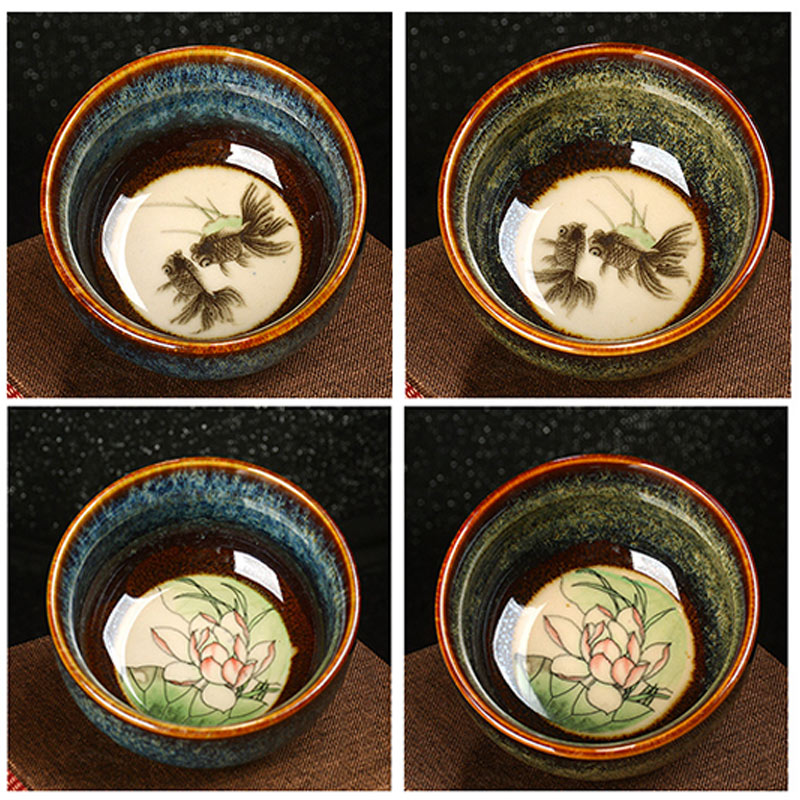 Mythstone Lotus Dragon Phoenix Koi Fish Chinese Jianzhan Ceramic Teacup Kung Fu Tea Cup 110ml