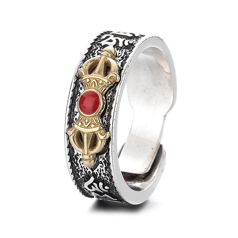 Mythstone Tibetan Om Mani Padme Hum Red Agate Dorje Vajra Design Wisdom Ring