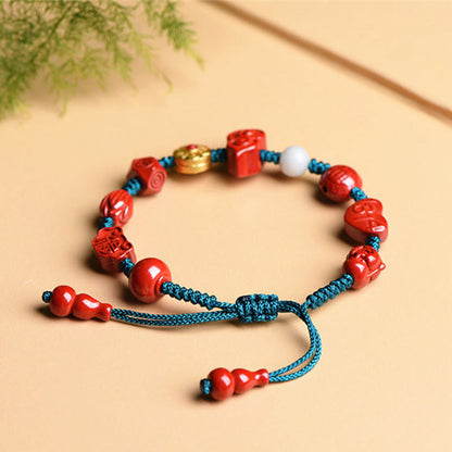 Mythstone Natural Cinnabar Gourd Om Mani Padme Hum Laughing Buddha Blessing String Bracelet