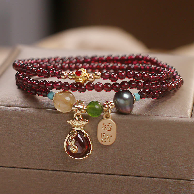 Mythstone Multi Layered Natural Garnet Jade Coin Money Bag Attracting Wealth Protection Bracelet