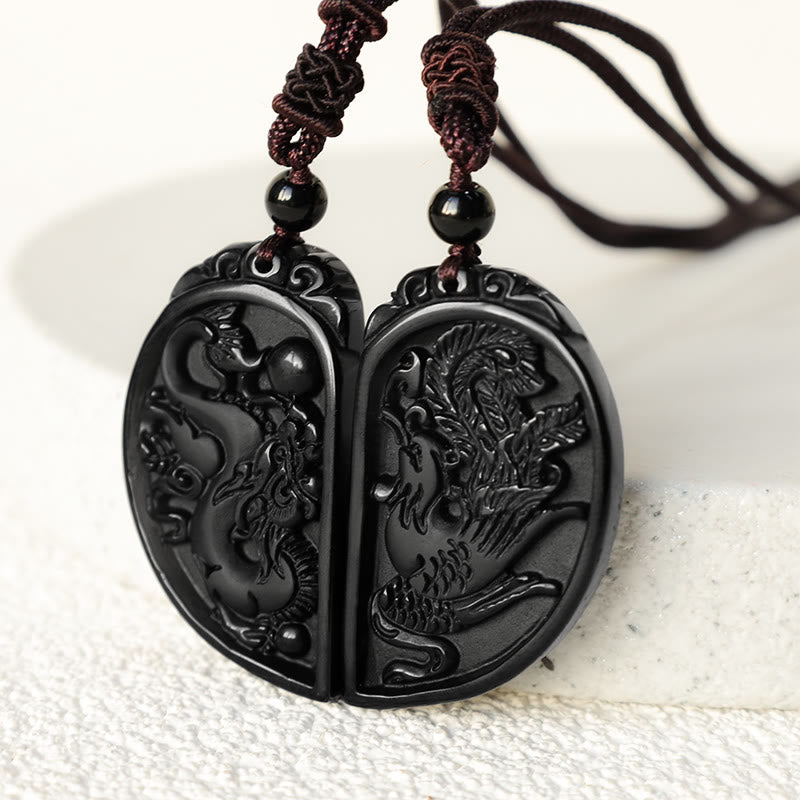 Mythstone Black Obsidian Love Dragon Phoenix Protection Necklace Pendant