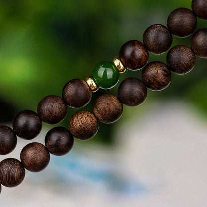 MythStone 108 Mala Beads Indonesia Tarakan Rare Agarwood Cyan Jade Ward Off Evil Spirits Bracelet