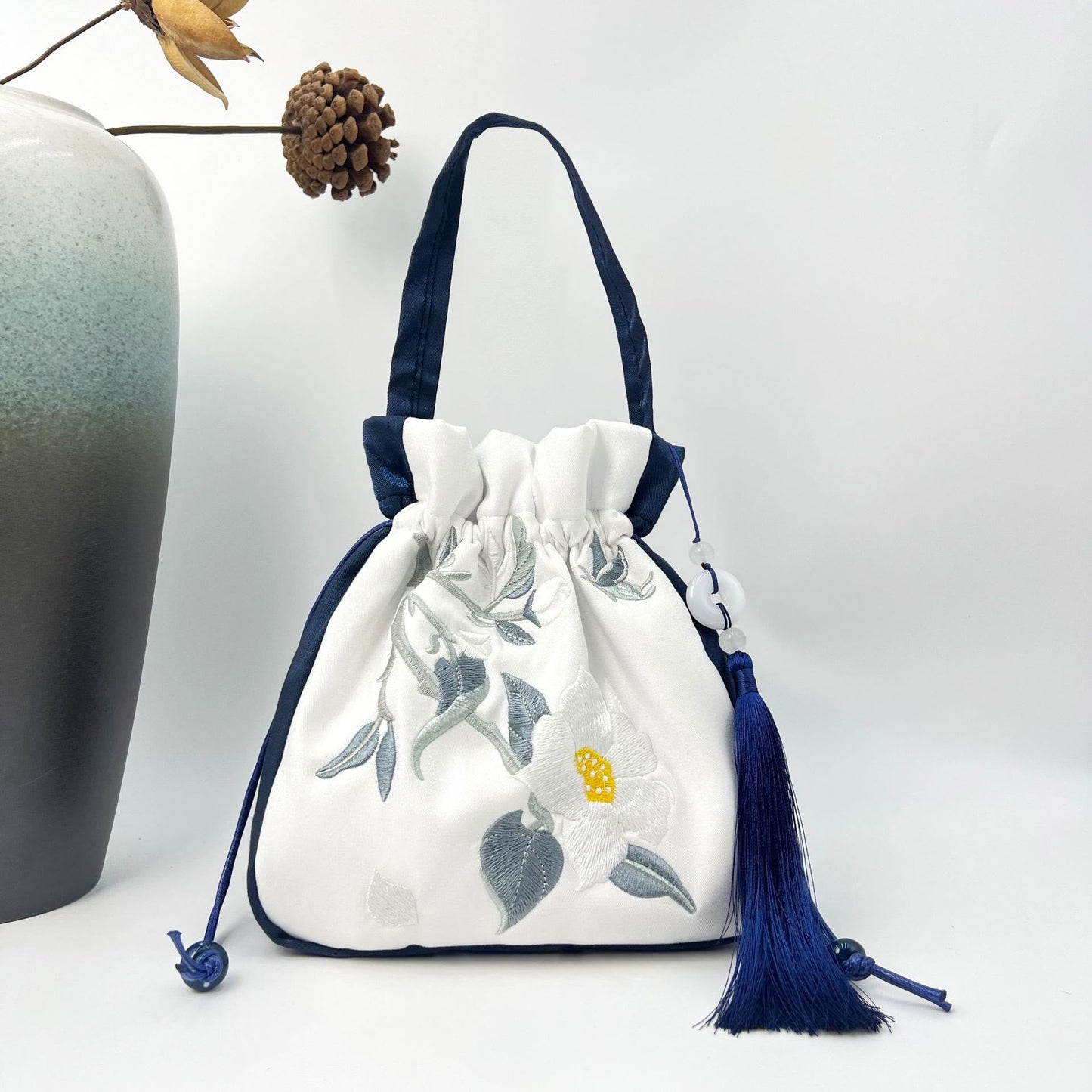 Mythstone Embroidered Lotus Koi Fish Crane Camellia Cotton Linen Tote Crossbody Bag Shoulder Bag Handbag