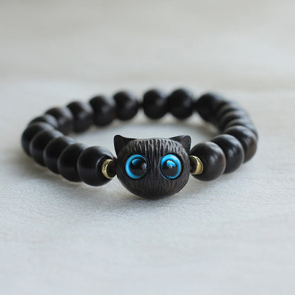 MythStone Ebony Wood Green Sandalwood Cute Cat Peace Bracelet