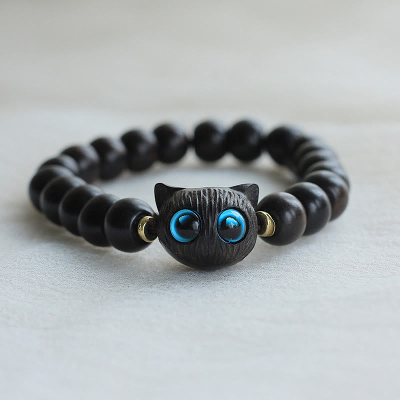 Pulsera de la paz con forma de gato adorable de madera de ébano y sándalo verde Mythstone