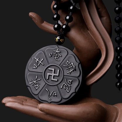 Mythstone Natural Black Obsidian Tibetan Om Mani Padme Hum Buddha Swastika Luck Necklace Pendant