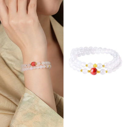 Mythstone 925 Sterling Silver Natural White Agate Cinnabar Double Wrap Protection Bracelet