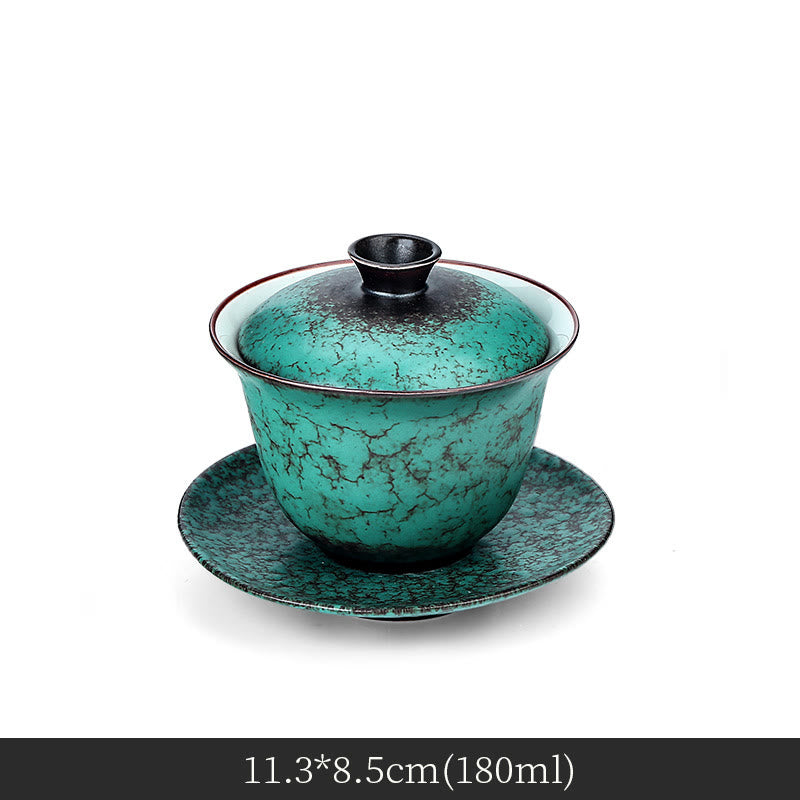 Mythstone Retro Green Glaze Ceramic Gaiwan Sancai Teacup Kung Fu Tea Cup And Saucer With Lid