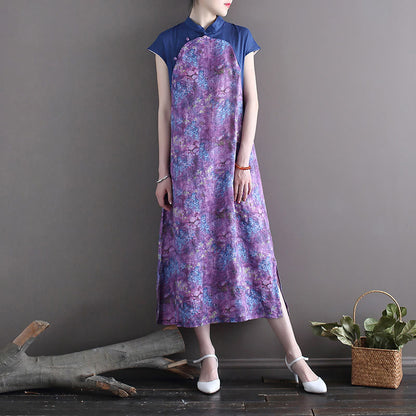 Mythstone Vintage Purple Flower Print Ramie Linen Cheongsam Midi Dress With Pockets