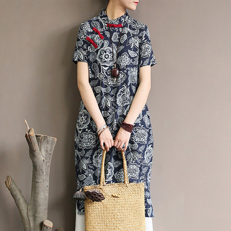 Mythstone Blue White Flower Frog-button Cheongsam Dresses Short Sleeve Linen Dresses With Pockets