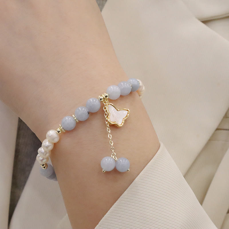 Mythstone Natural Aquamarine Pearl Healing Ginkgo Leaf Butterfly Charm Bracelet