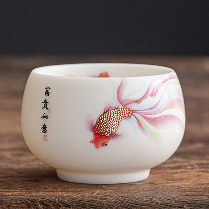 Mythstone Koi Fish White Porcelain Ceramic Teacup Kung Fu Tea Cup