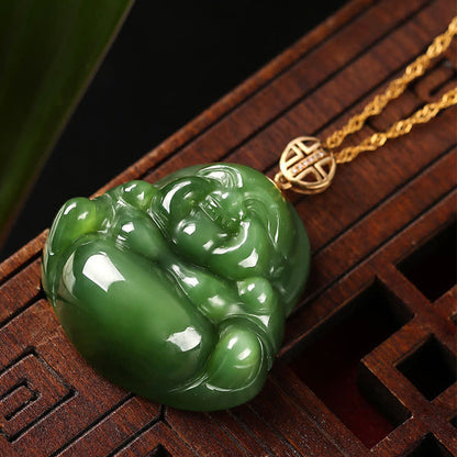 Mythstone 925 Sterling Silver Laughing Buddha Hetian Cyan Jade 18K Gold Success Necklace Chain Pendant