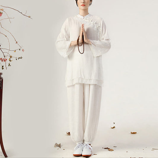 Mythstone 2Pcs Long Sleeve Frog-Button Meditation Prayer Zen Practice Tai Chi Uniform Clothing Women's Set