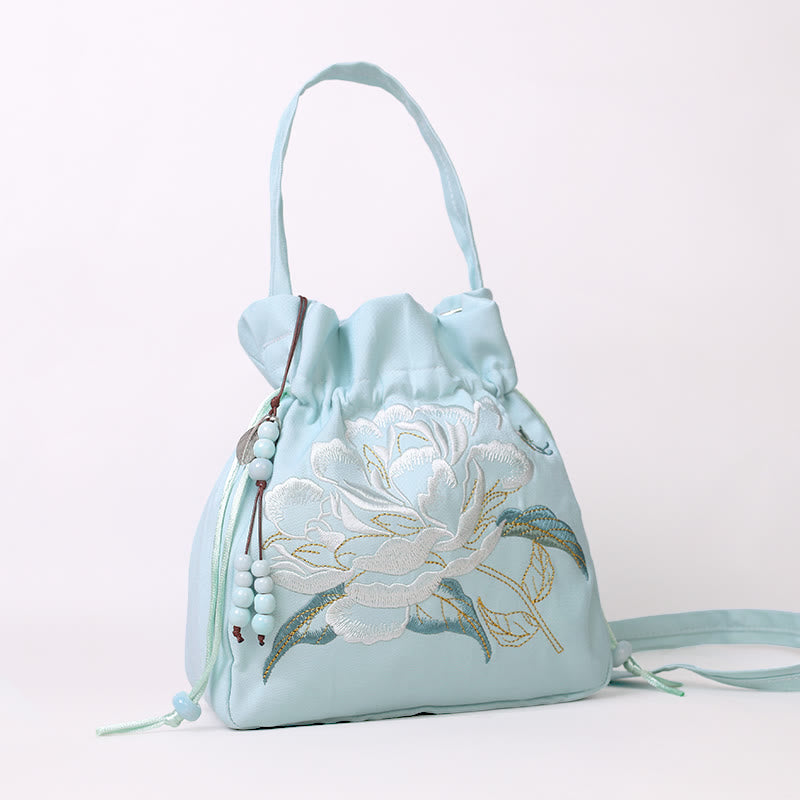 Mythstone Embroidered Flowers Wisteria Lily Cotton Linen Tote Crossbody Bag Shoulder Bag Handbag