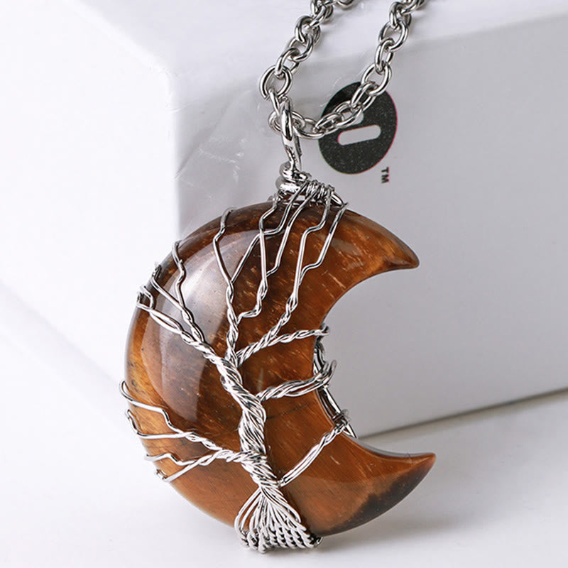 Mythstone Natural Quartz Crystal Moon Tree Of Life Healing Energy Necklace Pendant