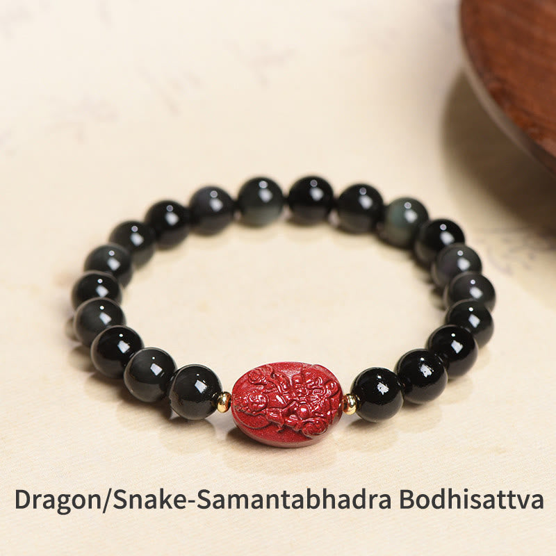 Mythstone Chinese Zodiac Natal Buddha Natural Black Obsidian Cinnabar Purification Bracelet