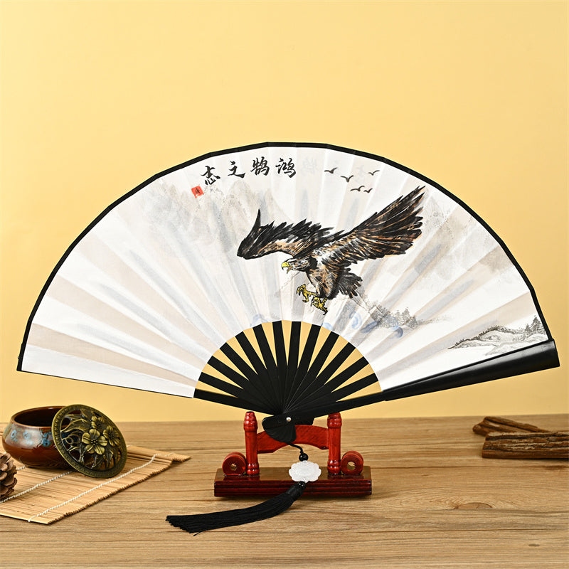 Mythstone Dragon Phoenix Tiger Crane Eagle Wolf Koi Fish Handheld Folding Fan Lotus Tassel Fan