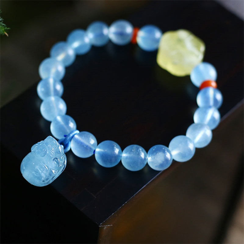 Mythstone Natural Aquamarine Amber Pixiu Peace Healing Charm Bracelet