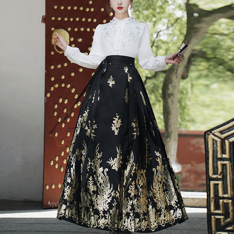 Mythstone Flowers Leaves Feathers Long Sleeve Shirt Top Chinese Hanfu Ming Dynasty Horse Face Skirt Mamianqun Skirt