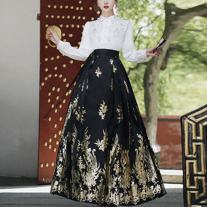 Mythstone Flowers Leaves Feathers Long Sleeve Shirt Top Chinese Hanfu Ming Dynasty Horse Face Skirt Mamianqun Skirt